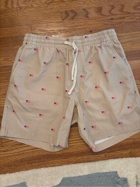 J. Crew Tan Shorts with Red & Blue Flag Motif